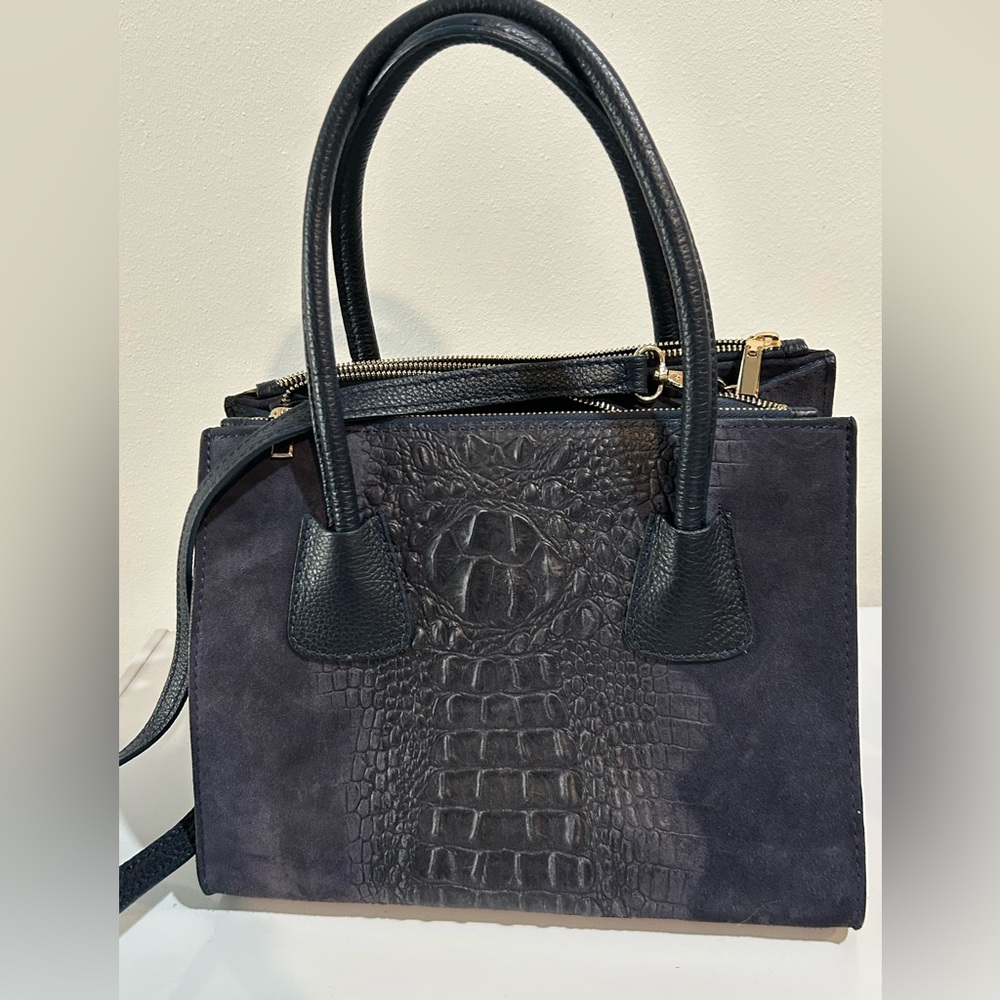 Italian Navy Croc-Embossed Leather & Suede Satchel Tote – Borse in Pelle